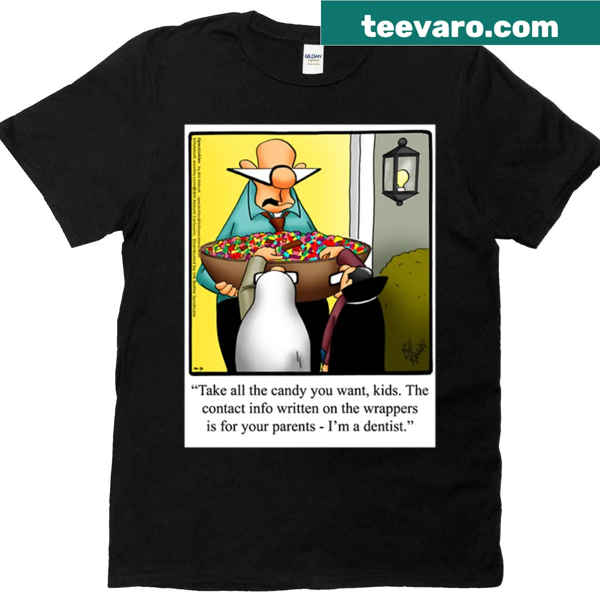 Halloween shirt with cartoon dentist and candy design. — on a men's t-shirt