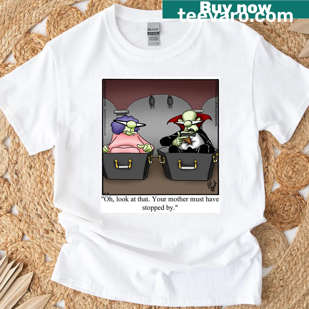Humorous t-shirt featuring a funny vampire design — on a men's t-shirt