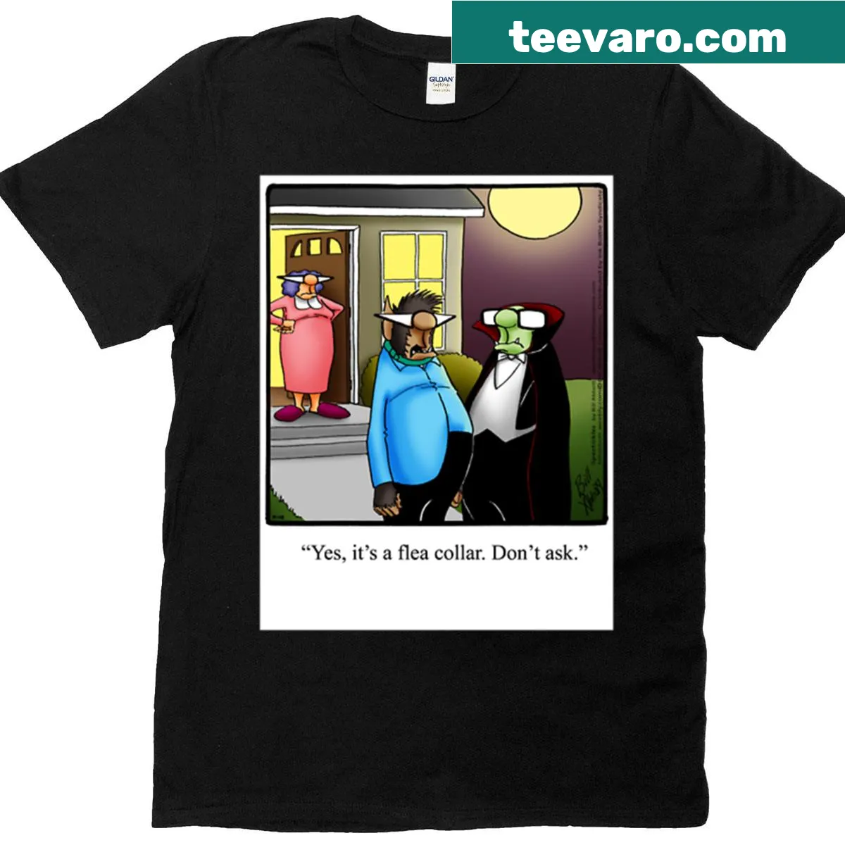 Halloween T-shirt with funny werewolf graphic and flea collar — on a men's t-shirt