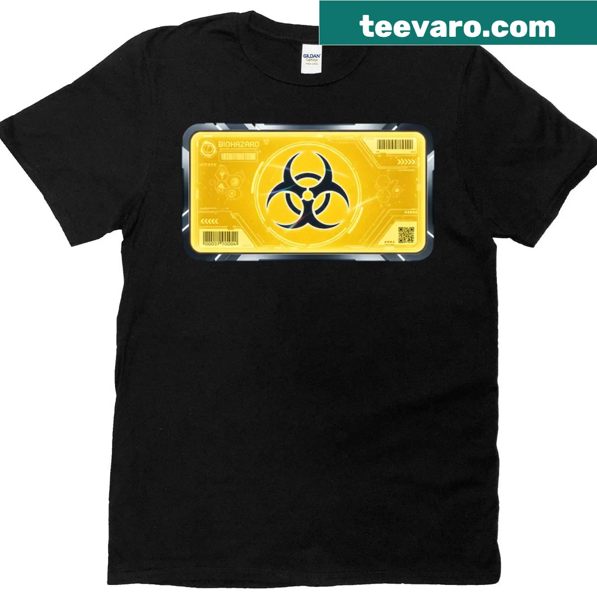 Futuristic yellow biohazard sign graphic on a T-shirt — on a men's t-shirt