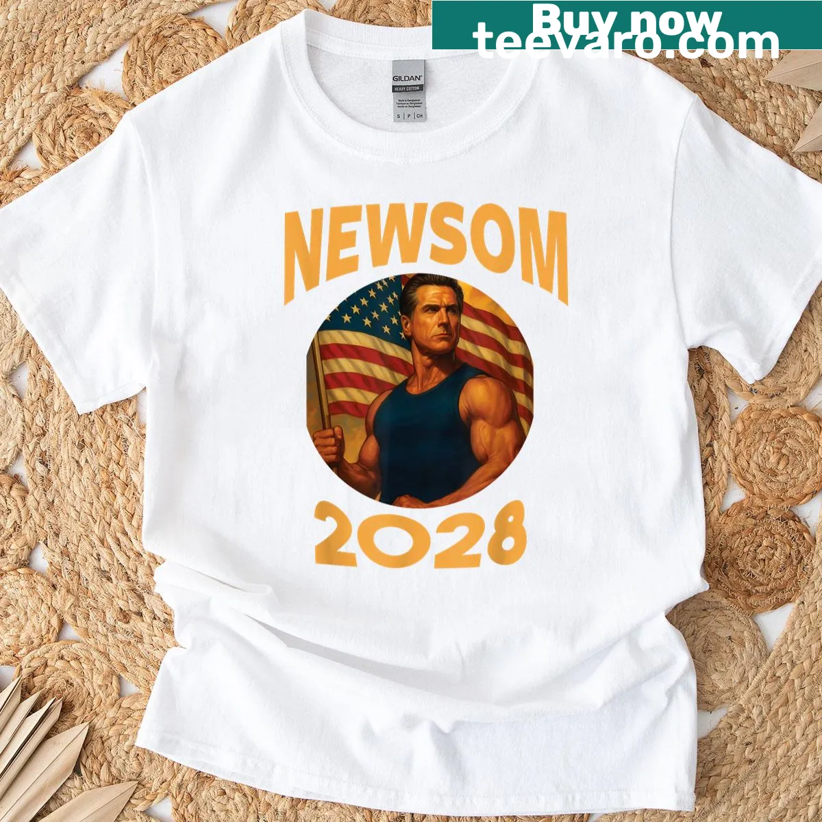 Political satire t-shirt featuring Gavin Newsome for 2028 election — on a men's t-shirt