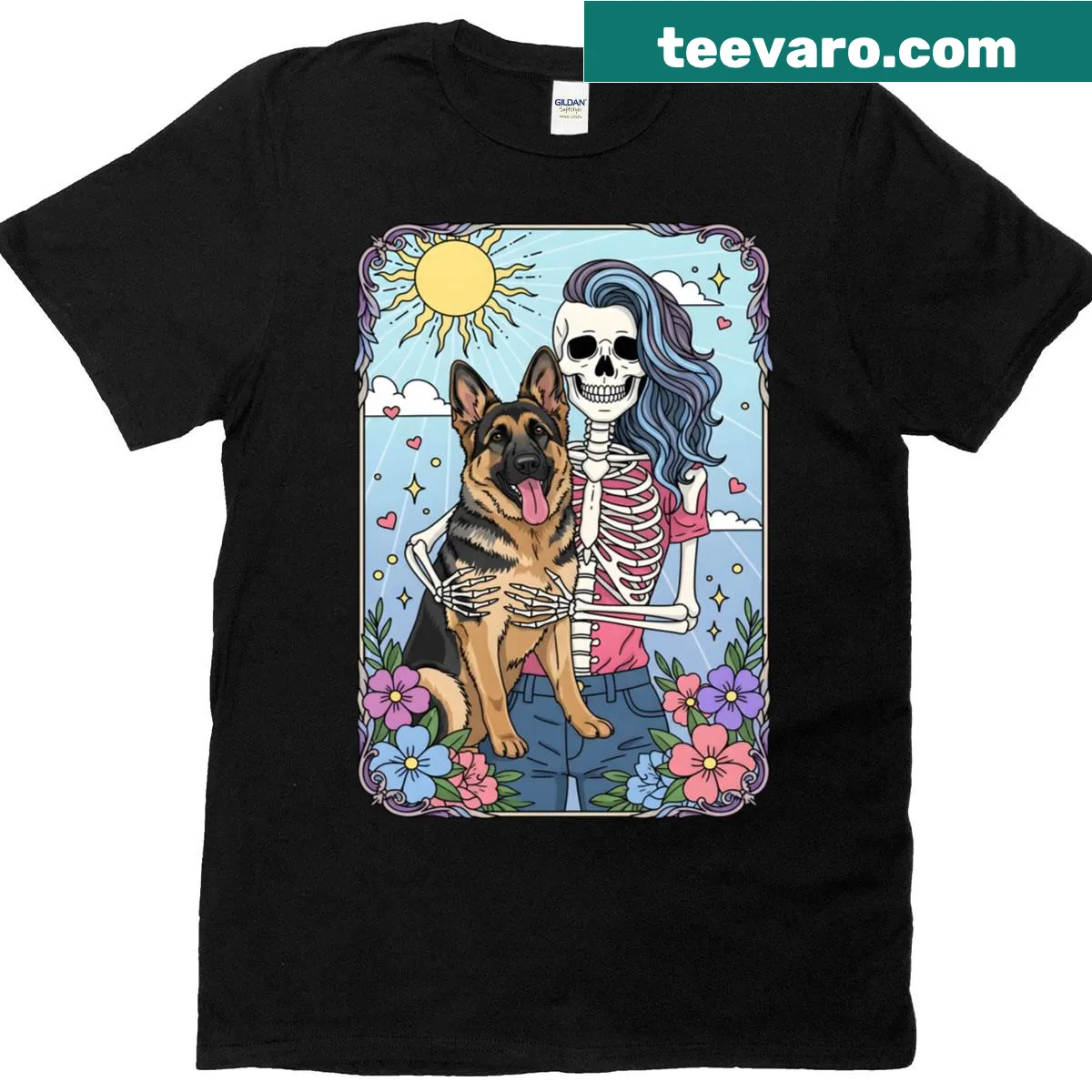 Tarot card design featuring a German Shepherd in a skeleton costume — on a men's t-shirt