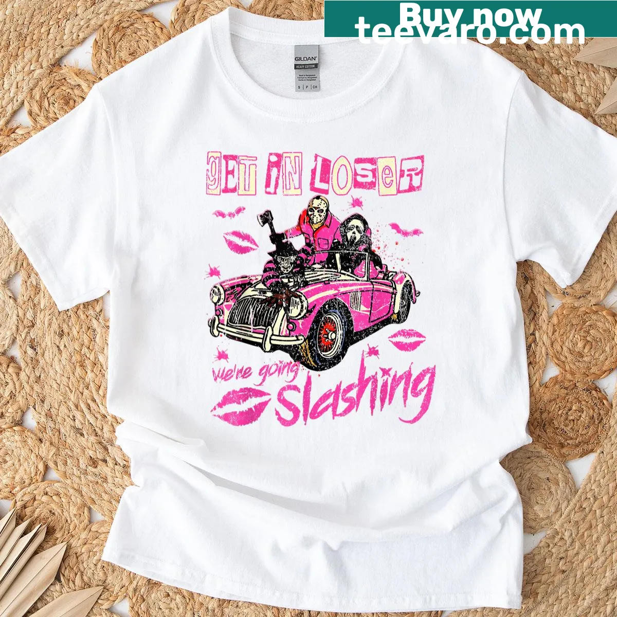 Bold Halloween T-shirt with slasher-themed text design — on a men's t-shirt