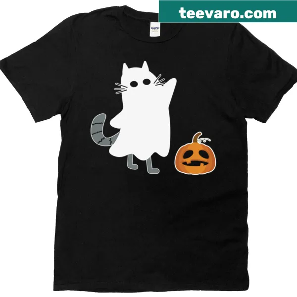 Cute Halloween t-shirt featuring a ghost cat on a pumpkin