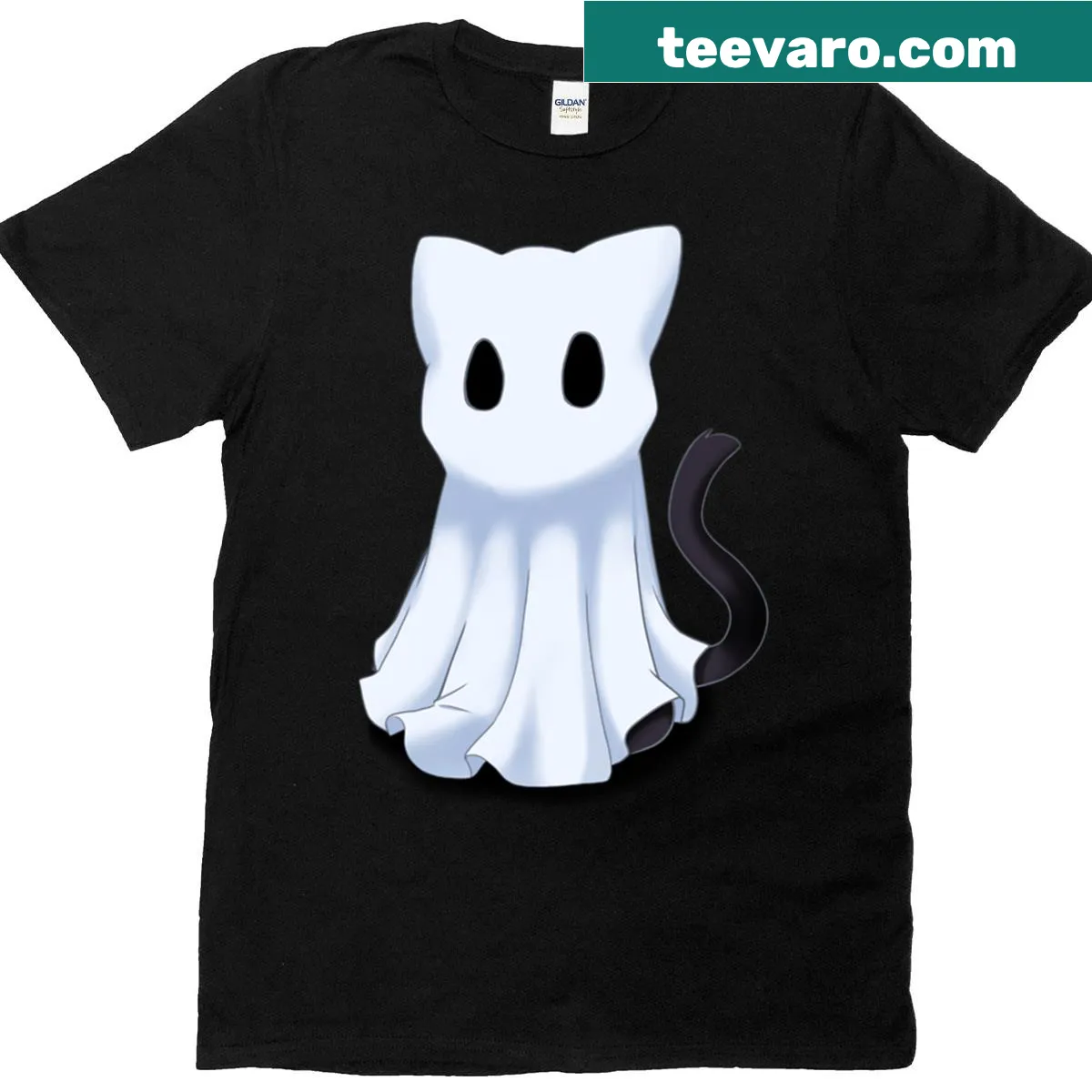 T-shirt with an illustration of a playful ghost cat design. — on a men's t-shirt