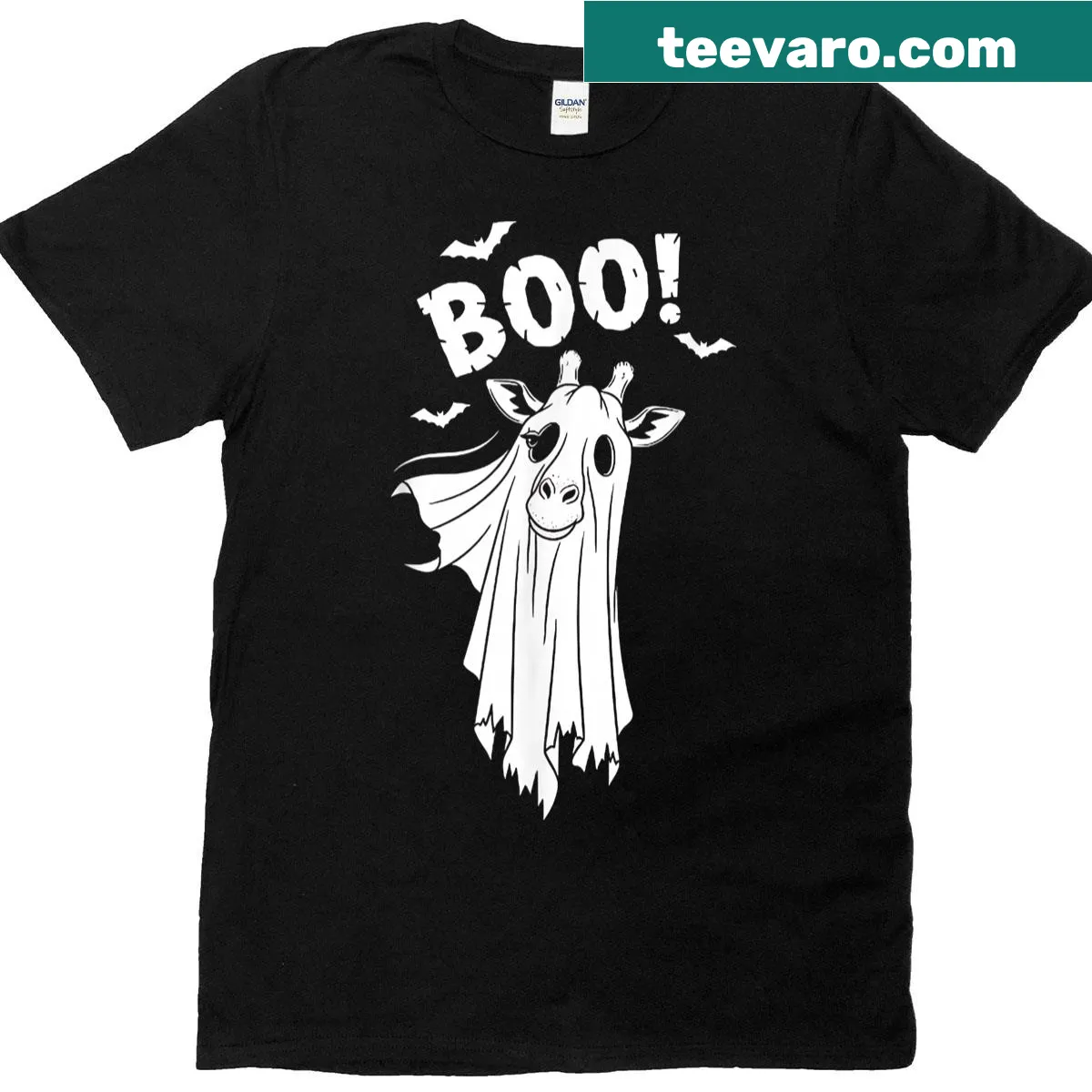 Halloween T-shirt featuring a playful giraffe in costume — on a men's t-shirt
