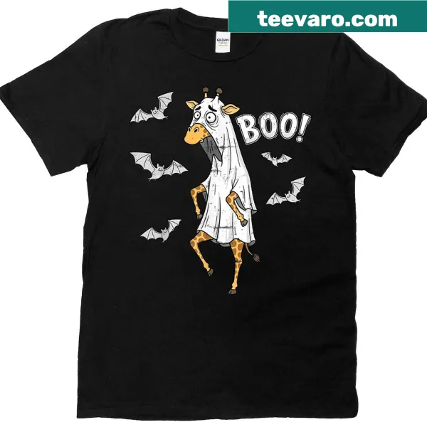 Giraffe ghost Halloween shirt with cartoon illustration.