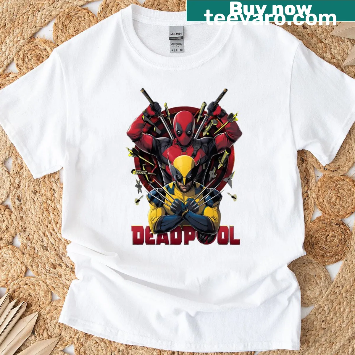 Edgy Deadpool and Wolverine graphic on T-shirt — on a men's t-shirt