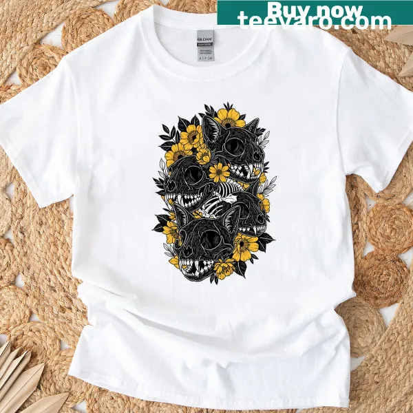 Gothic floral cat skull design on oversized t-shirt