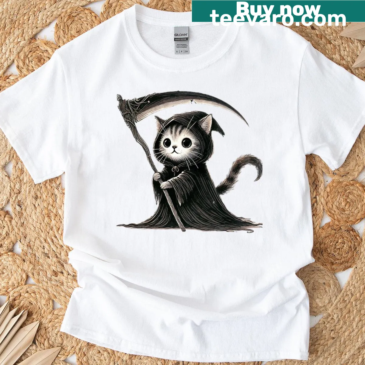 Oversized t-shirt with a cute Grim Reaper cat graphic — on a men's t-shirt