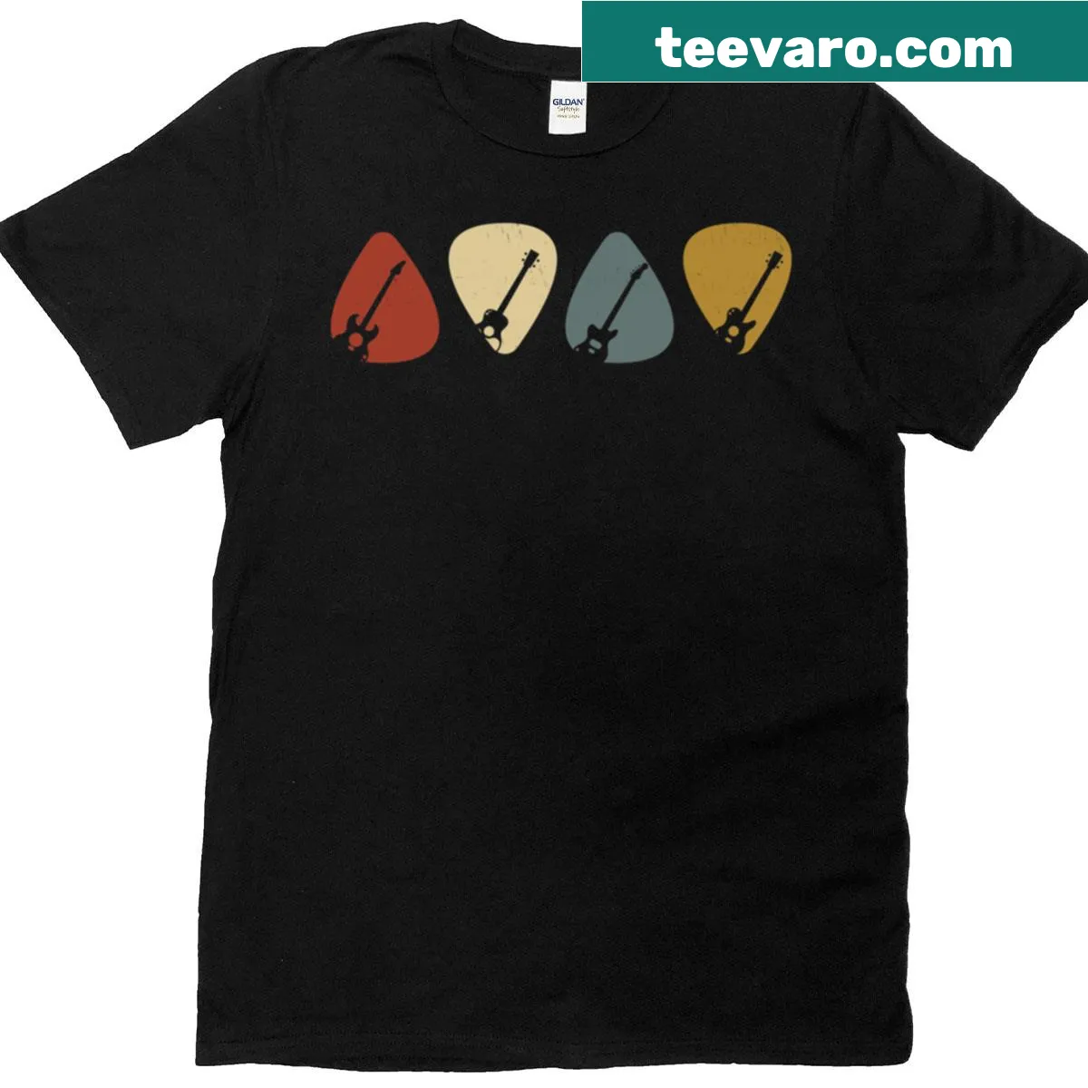 Retro guitar pick graphic t-shirt for musicians — on a men's t-shirt