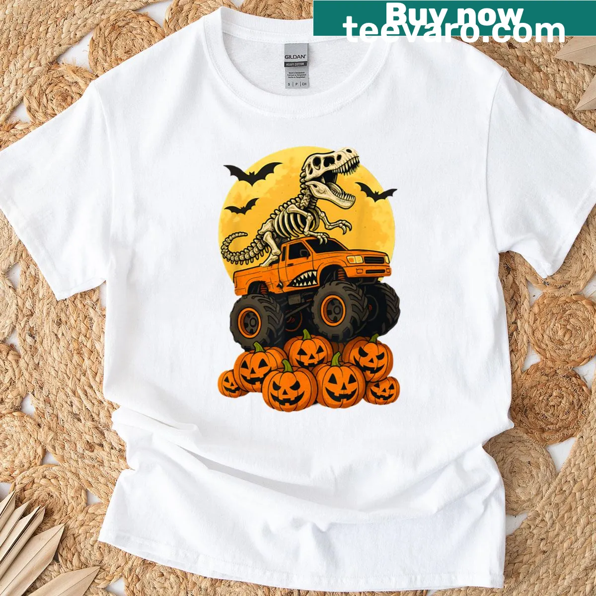 Cartoon T-shirt with a dinosaur skeleton driving a monster truck for Halloween — on a men's t-shirt