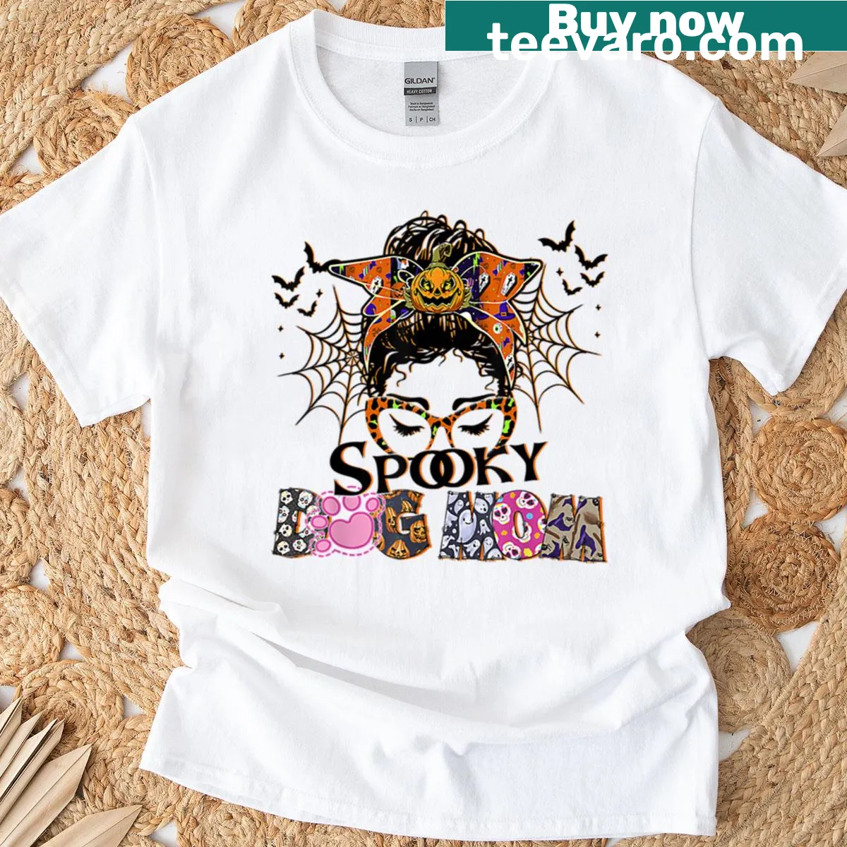 Cartoon design of a spooky dog and messy bun mom for Halloween — on a men's t-shirt