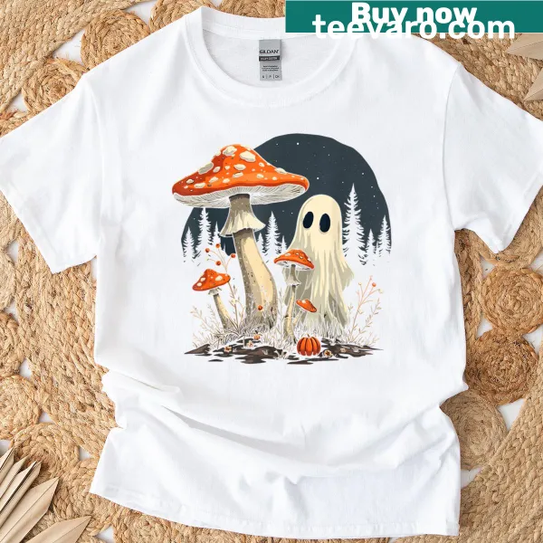 Halloween T-shirt with ghost and mushroom design in a spooky forest