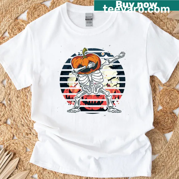 Cute Halloween T-shirt with skeleton and pumpkin graphic