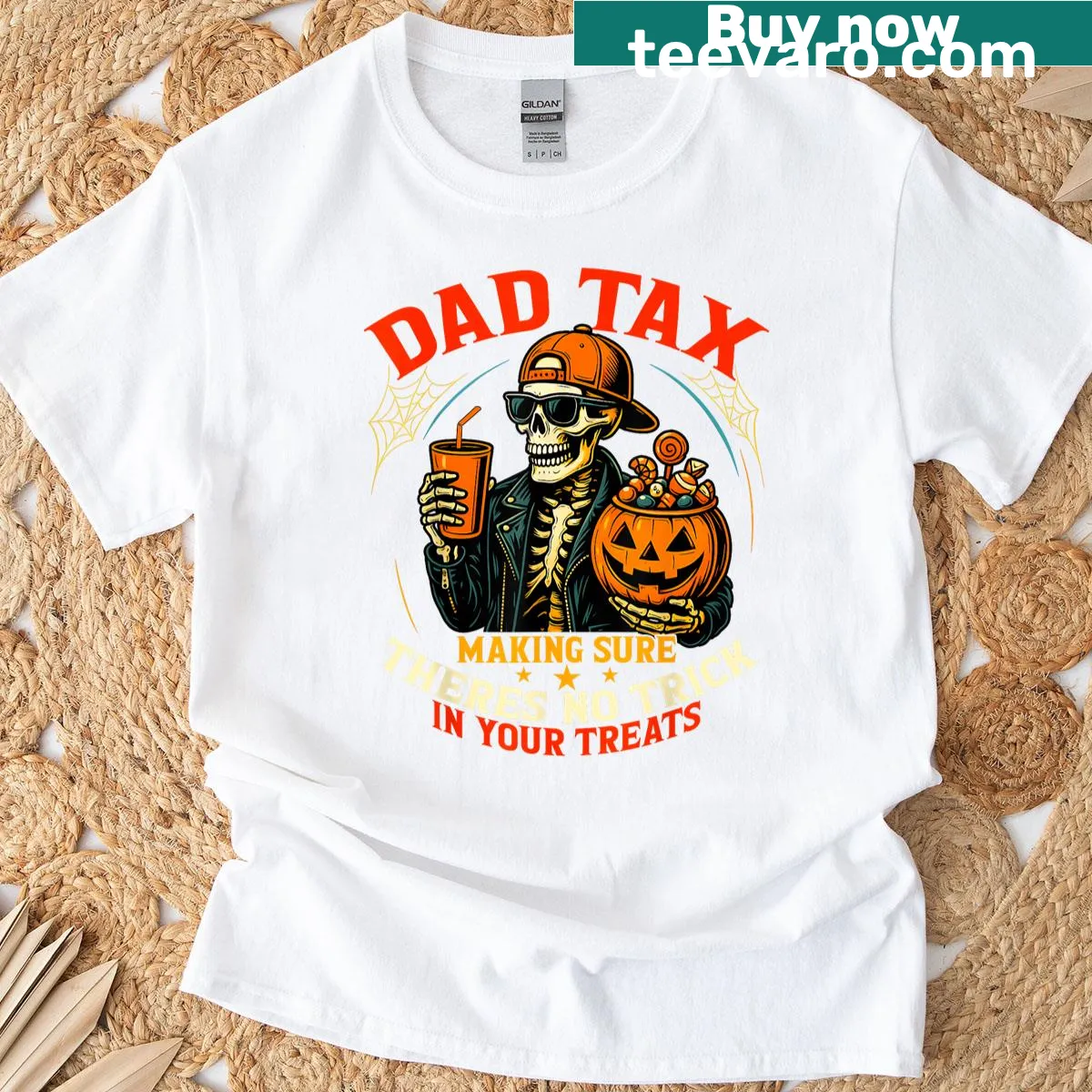 T-shirt displaying humorous Halloween Dad Tax text design — on a men's t-shirt