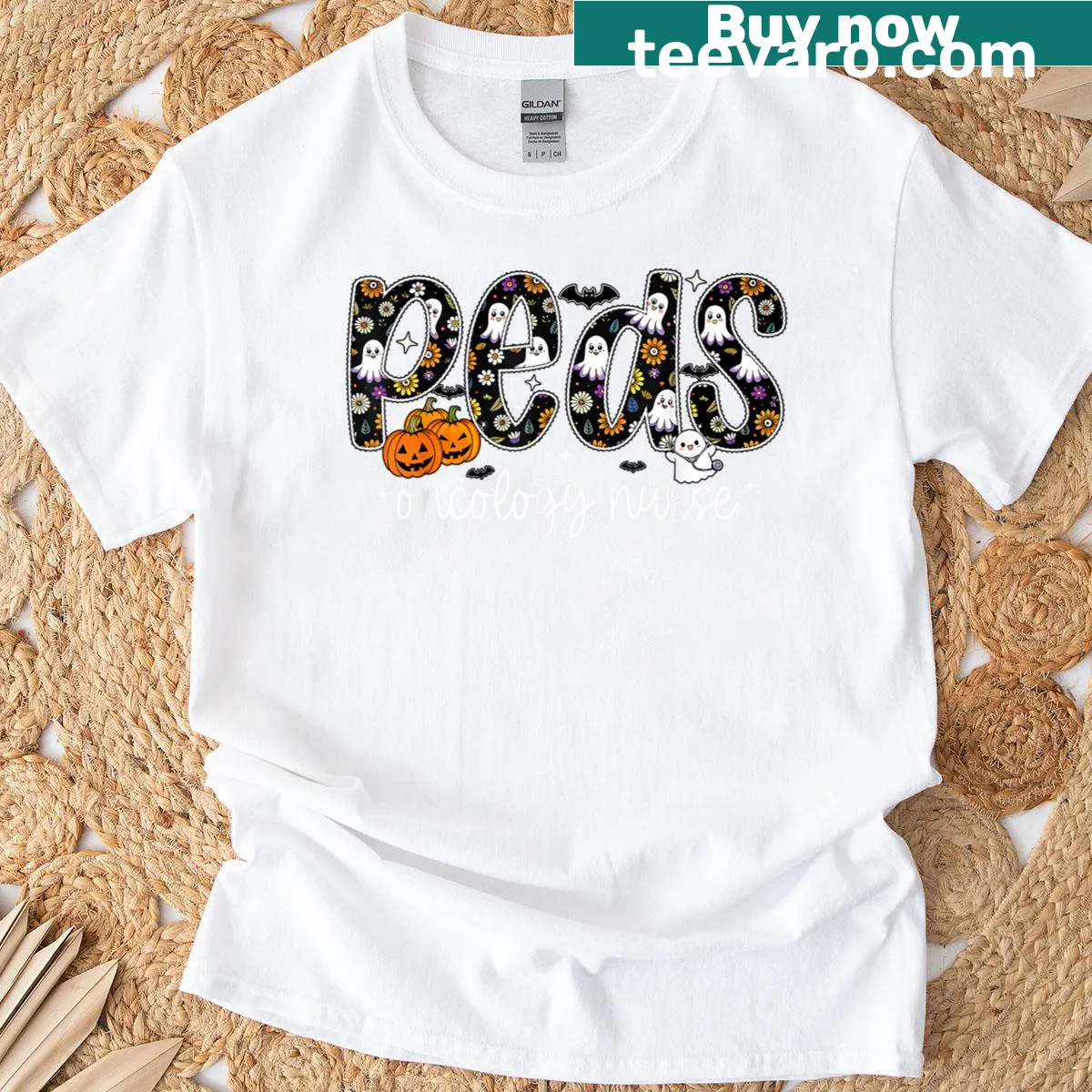 Illustrated Halloween T-shirt featuring a ghost and floral designs for nurses — on a men's t-shirt