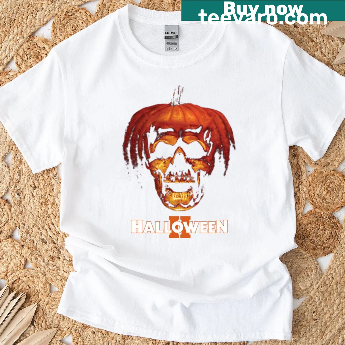 Halloween II themed graphic t-shirt design — on a men's t-shirt