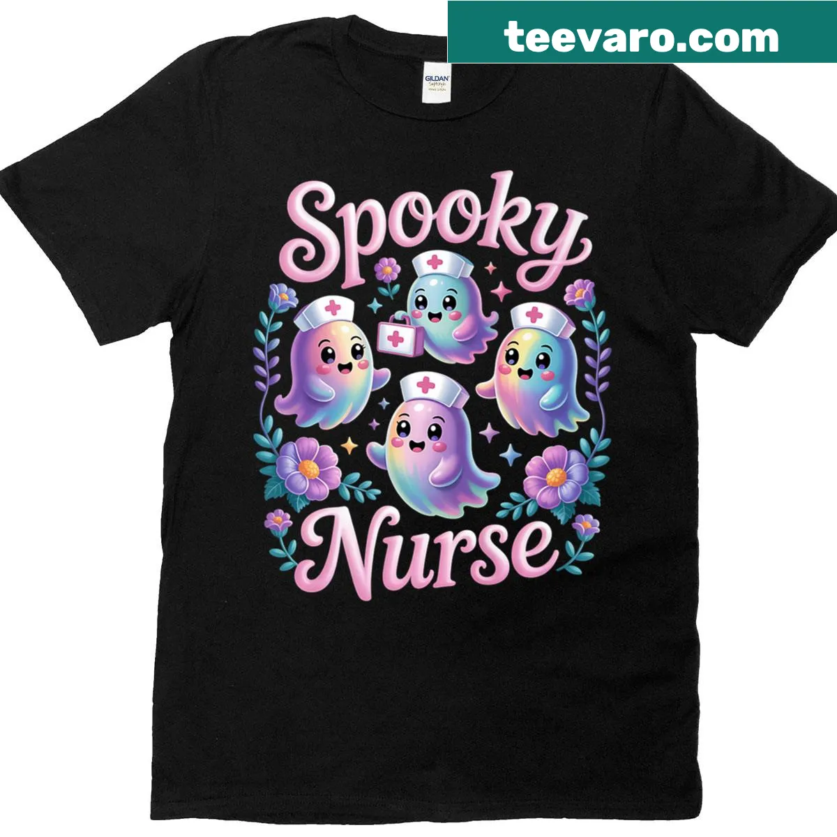 Spooky nurse graphic on a Halloween-themed T-shirt — on a men's t-shirt