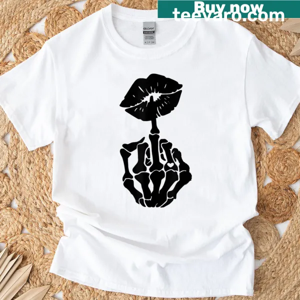Funny T-shirt with skeleton hand giving the middle finger and lips