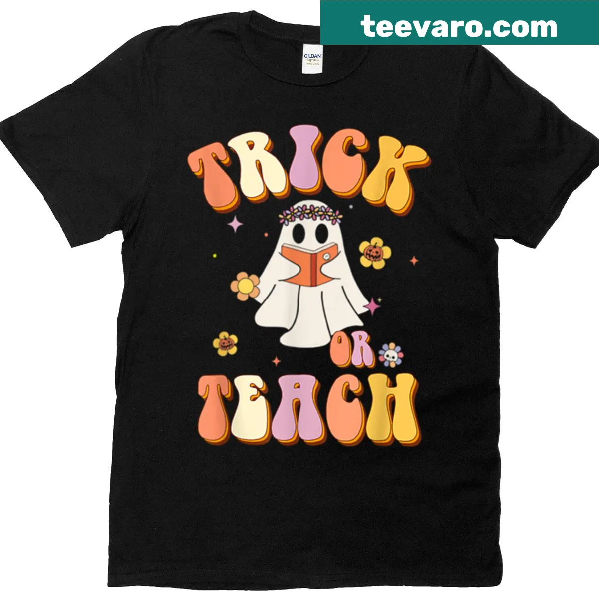 Vintage-style teacher t-shirt with 'Trick Or Teach' design for Halloween — on a men's t-shirt