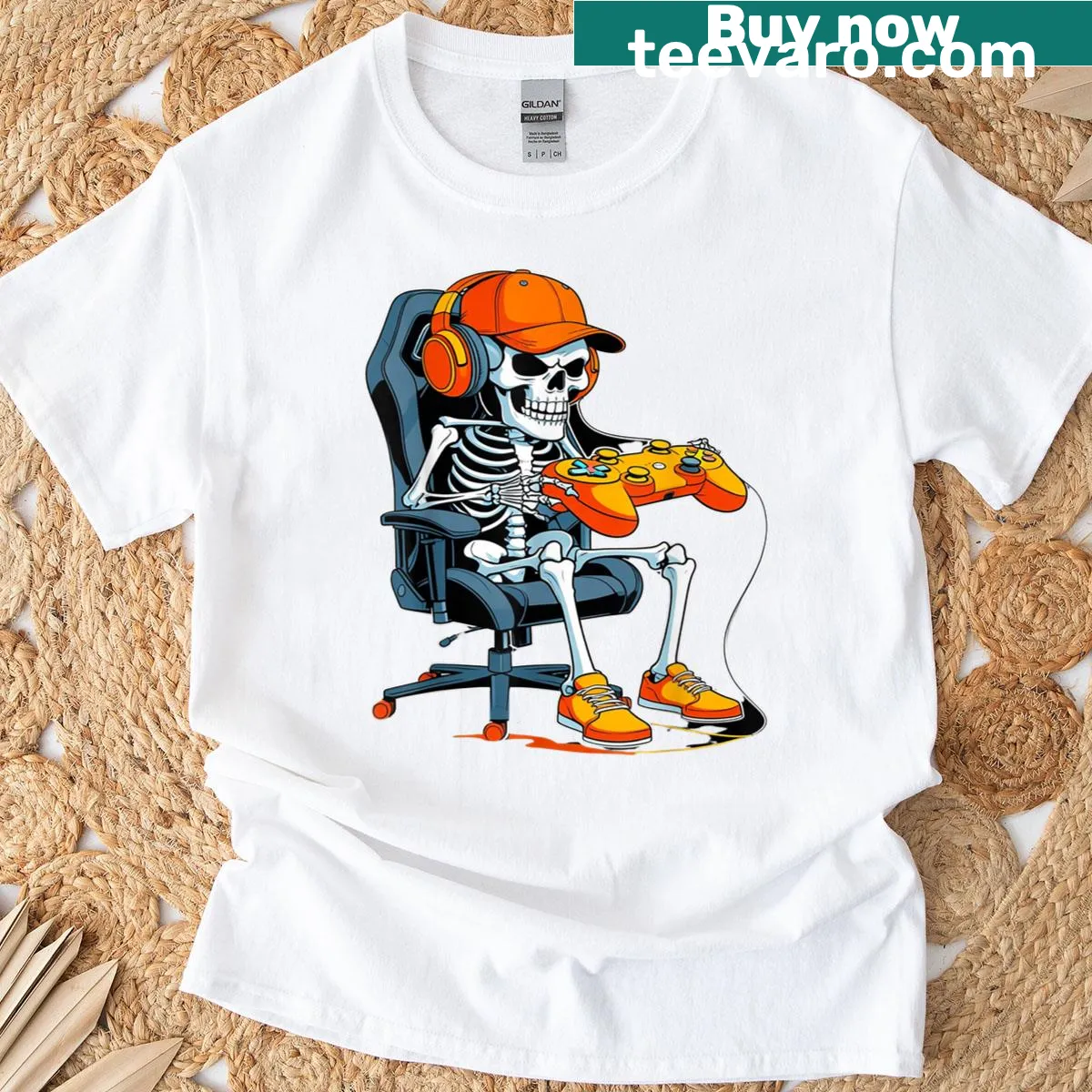 Skeleton gamer graphic on Halloween T-shirt — on a men's t-shirt