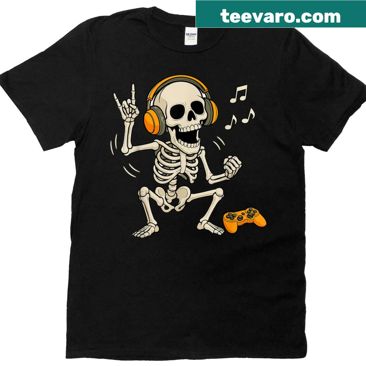 Funny t-shirt with a skeleton gamer graphic for Halloween — on a men's t-shirt