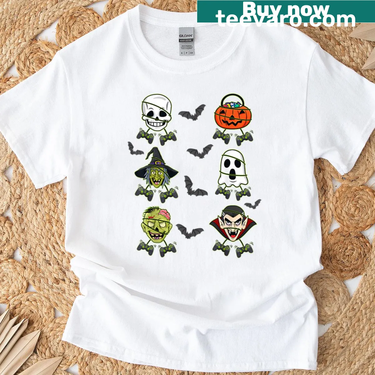 Kids Halloween T-shirt with playful skeleton and spooky characters — on a men's t-shirt