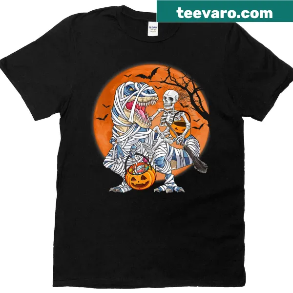 Cartoon dinosaurs, mummies, and pumpkins on a Halloween T-shirt