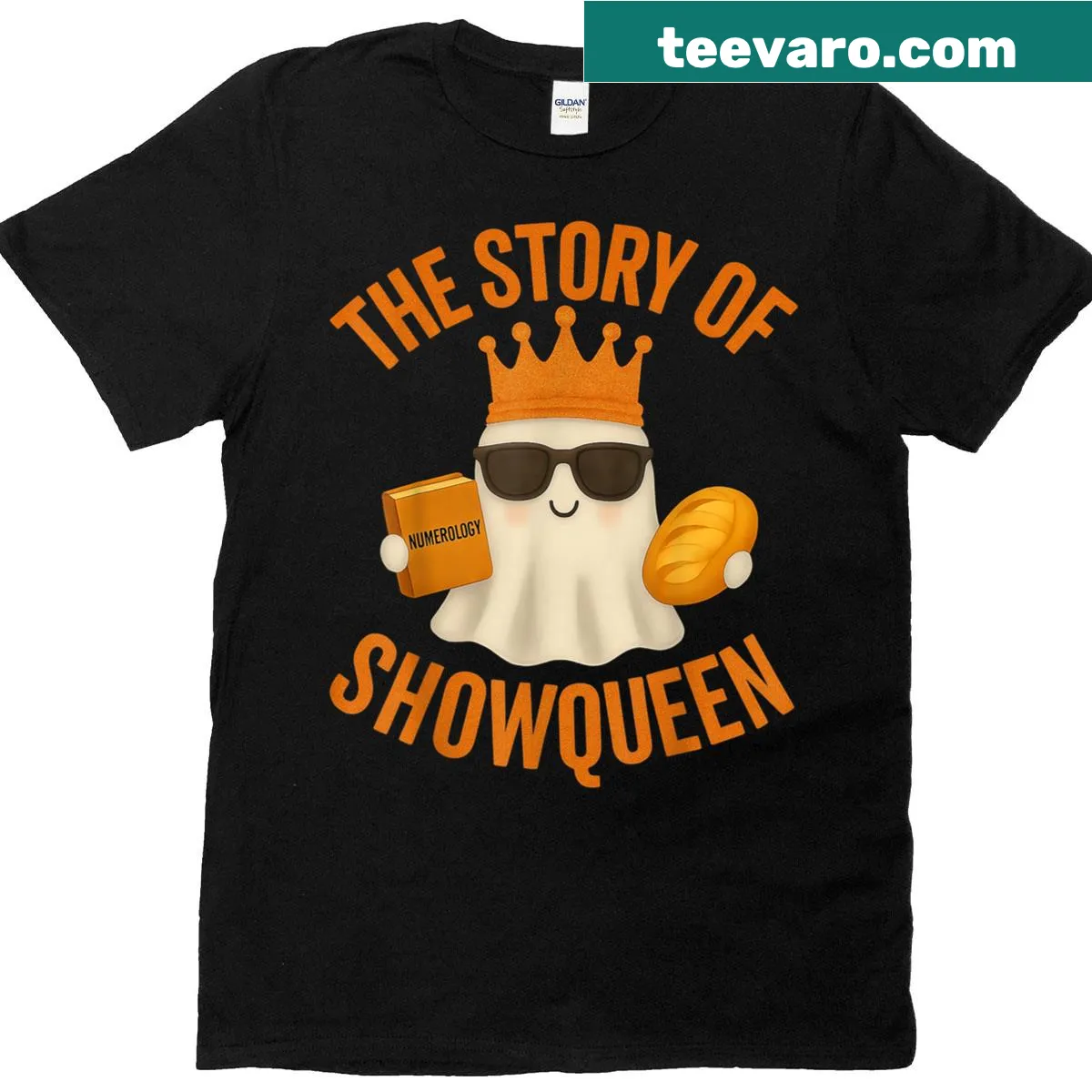 Illustrated Halloween t-shirt featuring ghost girls styled as showgirls — on a men's t-shirt