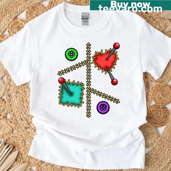 Whimsical voodoo doll illustration on Halloween T-shirt
