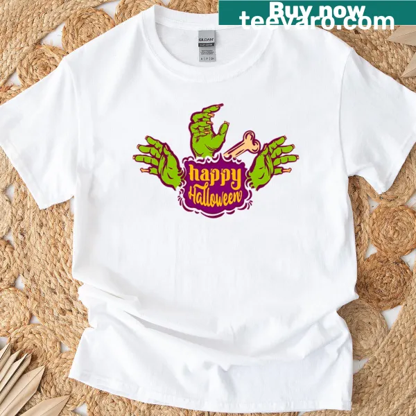 Halloween-themed t-shirt with spooky illustrations like ghosts and bats