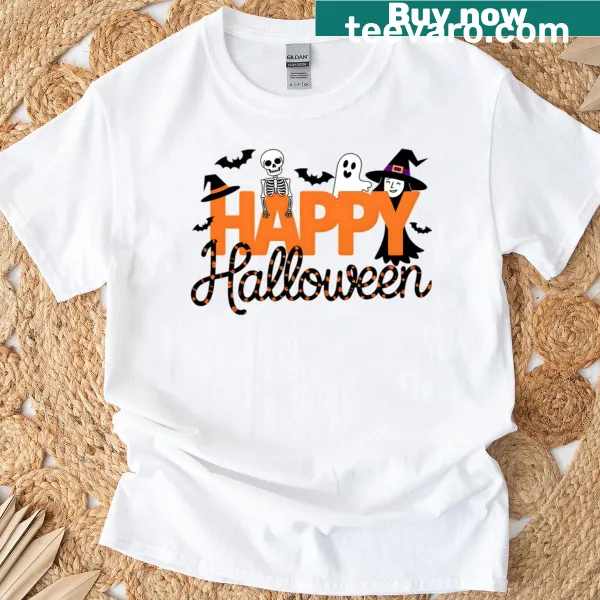 Halloween themed t-shirt with skeleton, witch, ghost, and bats