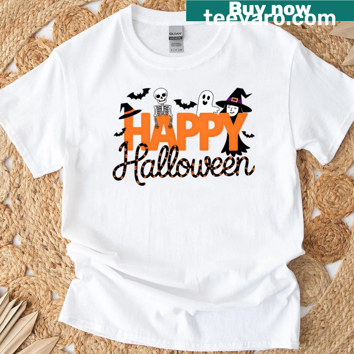 Halloween themed t-shirt with skeleton, witch, ghost, and bats — on a men's t-shirt