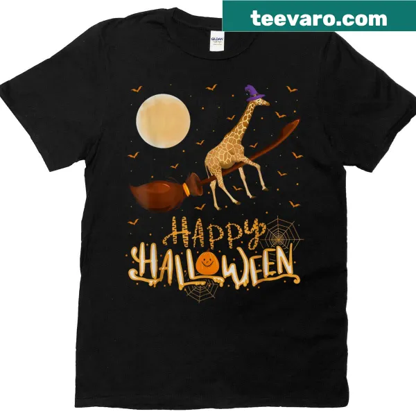Cute giraffe in a witch hat riding a broomstick