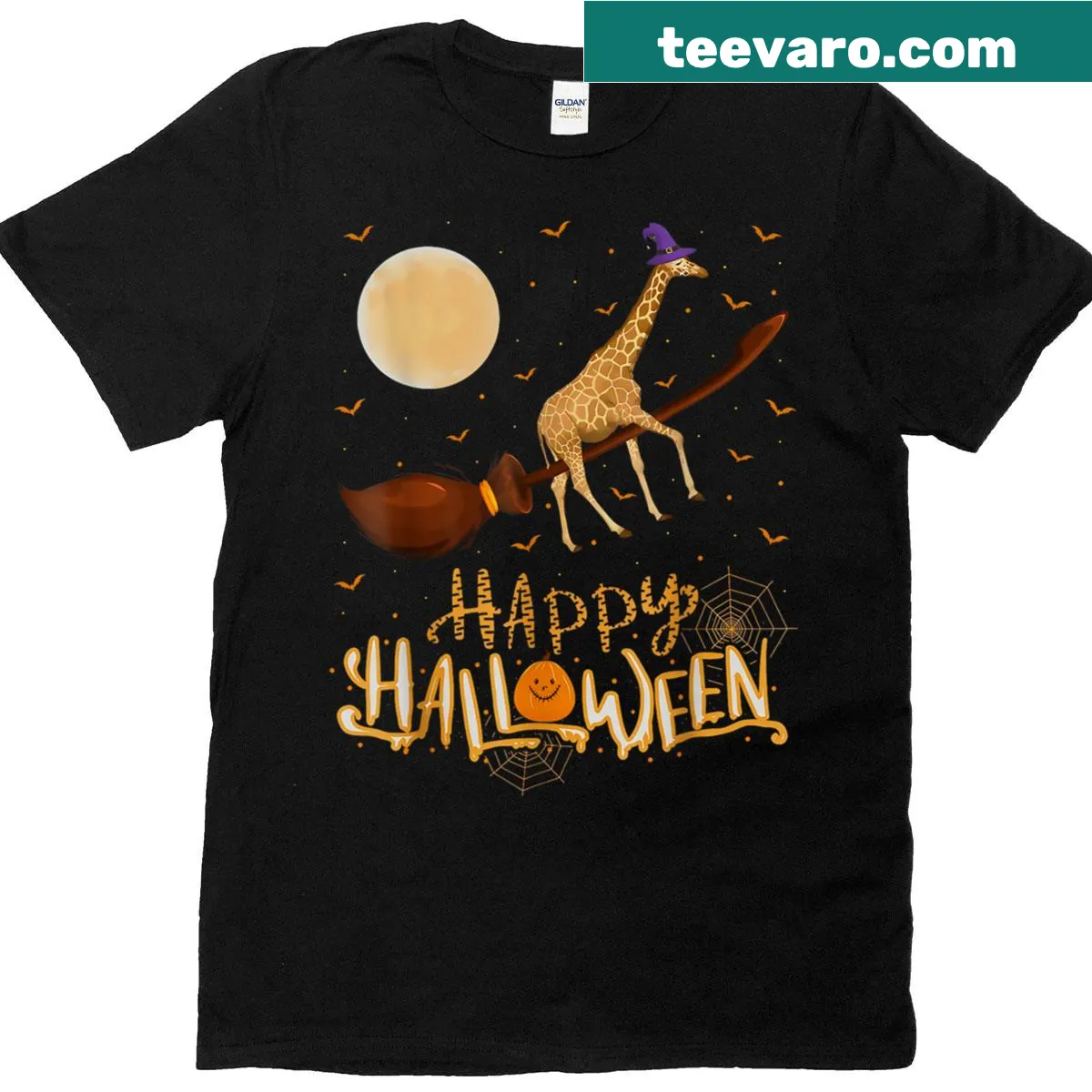 Cute giraffe in a witch hat riding a broomstick — on a men's t-shirt