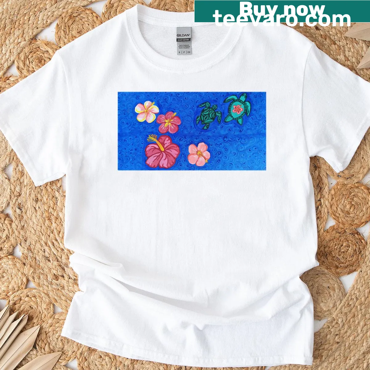 Watercolor painting of hibiscus flowers and sea turtles on t-shirt — on a men's t-shirt