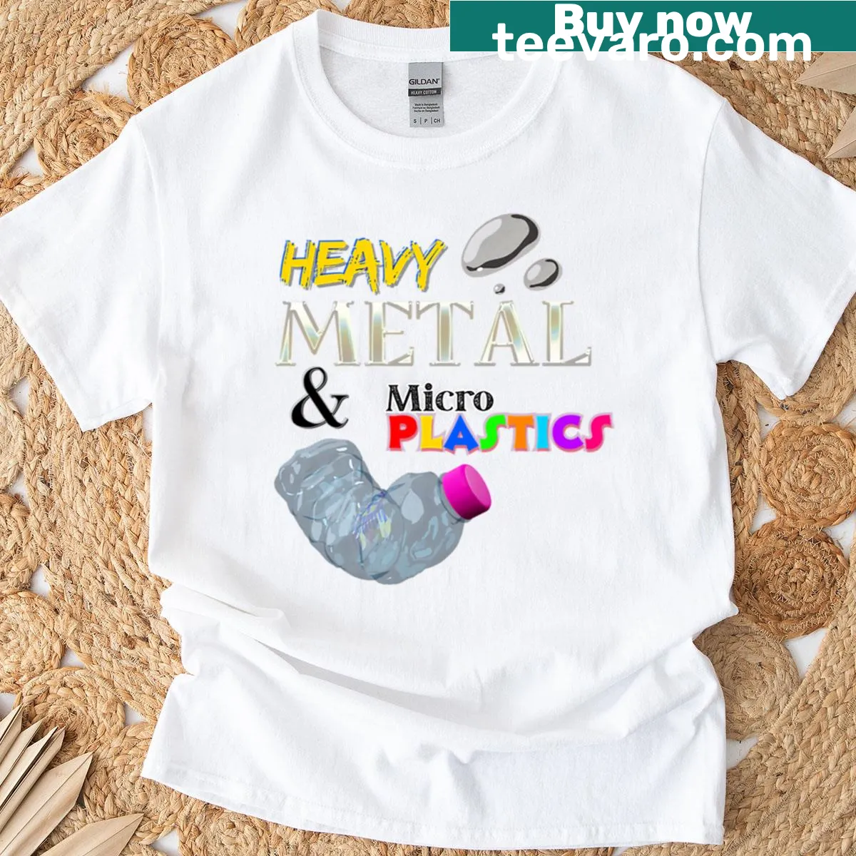 Heavy metal-themed shirt addressing microplastics issue — on a men's t-shirt