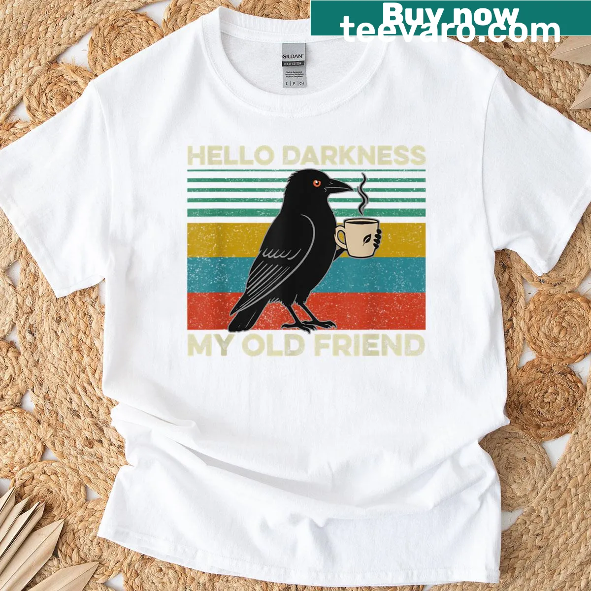 Minimalist Halloween crow design with the phrase 'Hello Darkness My Old Friend' — on a men's t-shirt