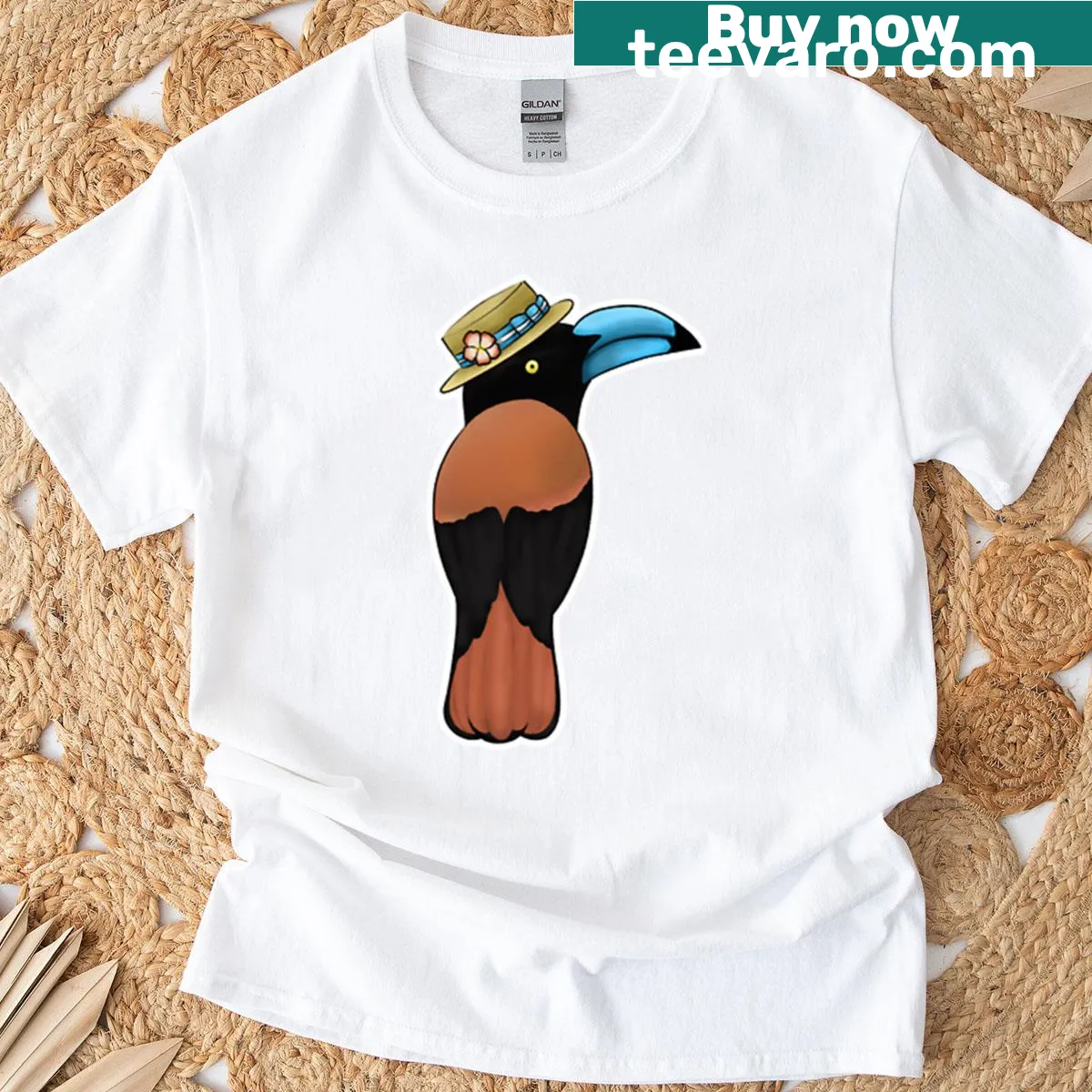 Silhouette of a Helmet Vanga bird on an oversized t-shirt — on a men's t-shirt