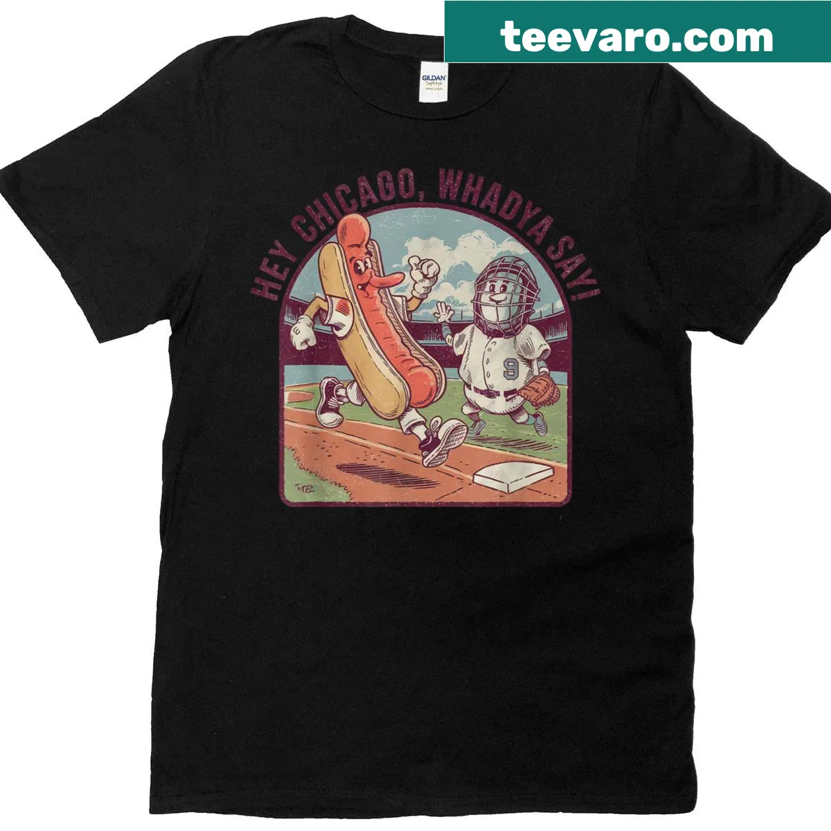 T-shirt with 'Hey Chicago Whadya Say' celebrating baseball and hot dogs — on a men's t-shirt