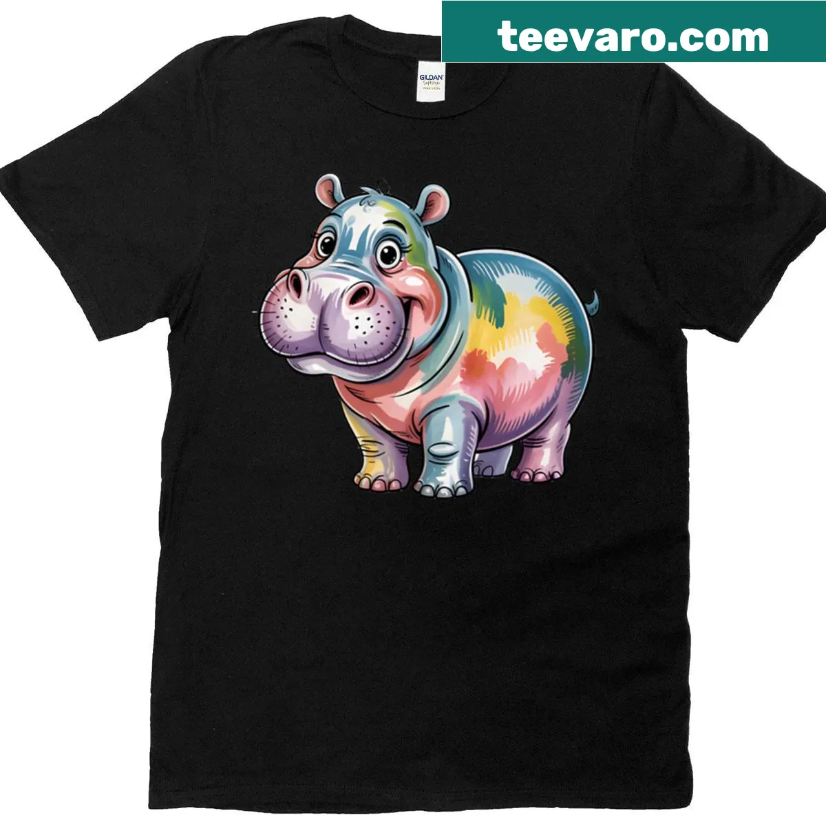 Oversized t-shirt with a whimsical watercolor hippopotamus illustration — on a men's t-shirt