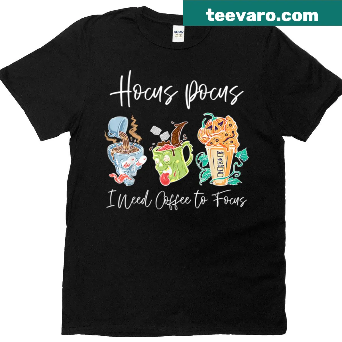 Hocus Pocus themed text on a Halloween teacher T-shirt — on a men's t-shirt
