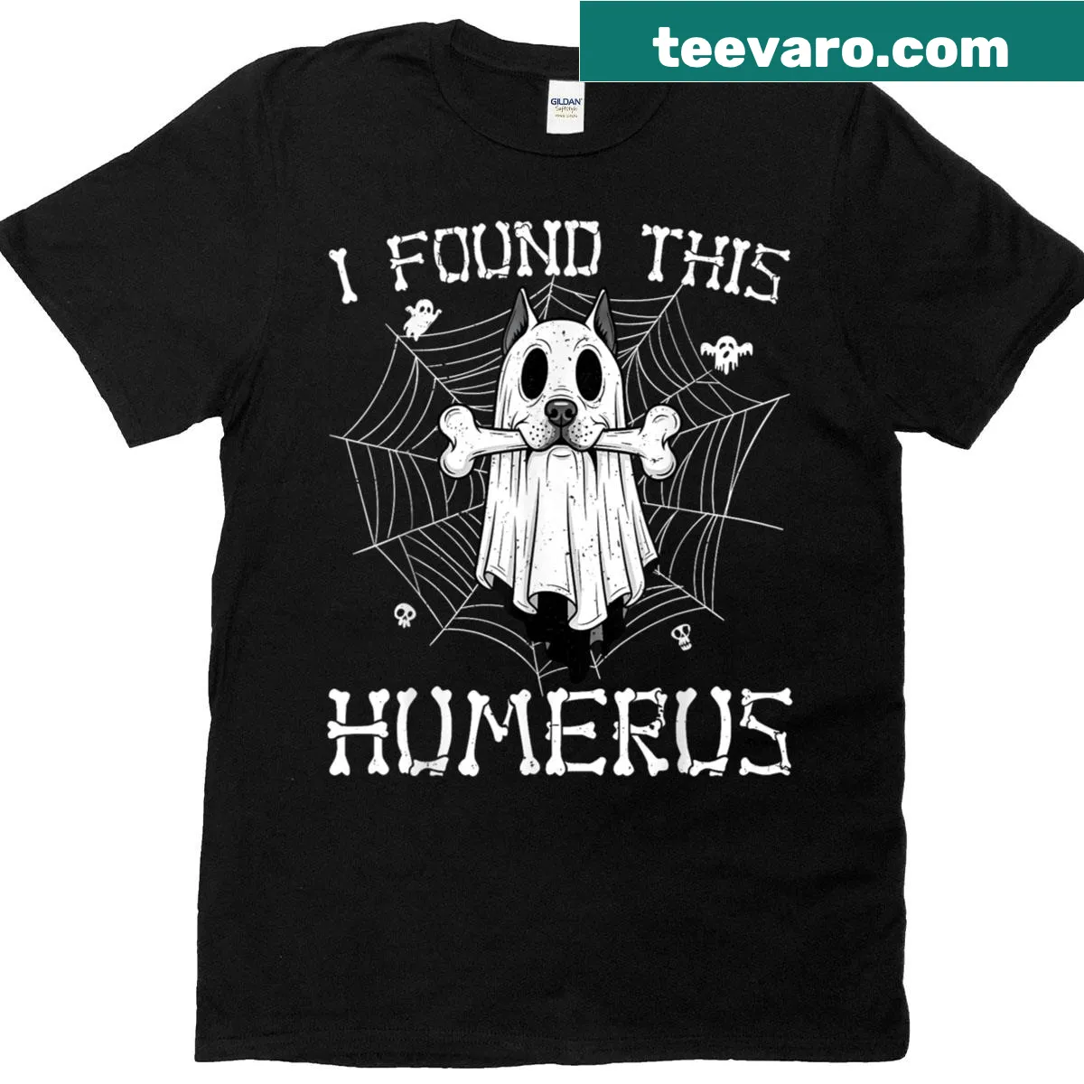Funny Halloween ghost dog graphic t-shirt — on a men's t-shirt