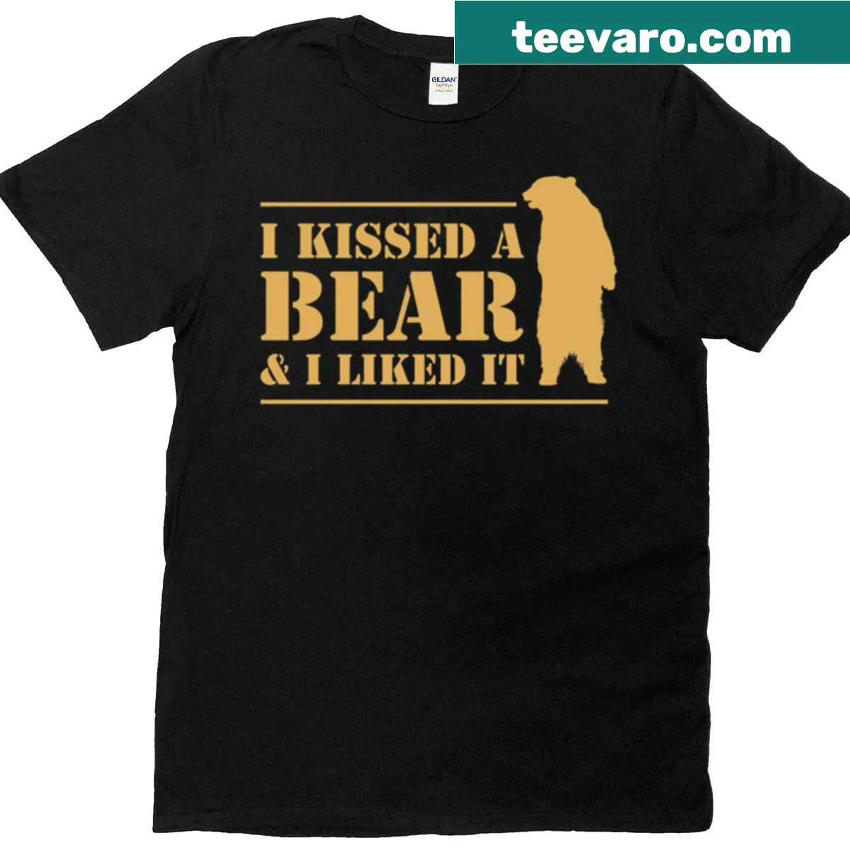 Graphic t-shirt with playful text about kissing a bear — on a men's t-shirt