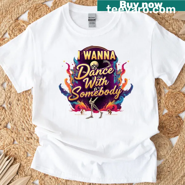 Funny Halloween T-shirt with a dancing skeleton and text