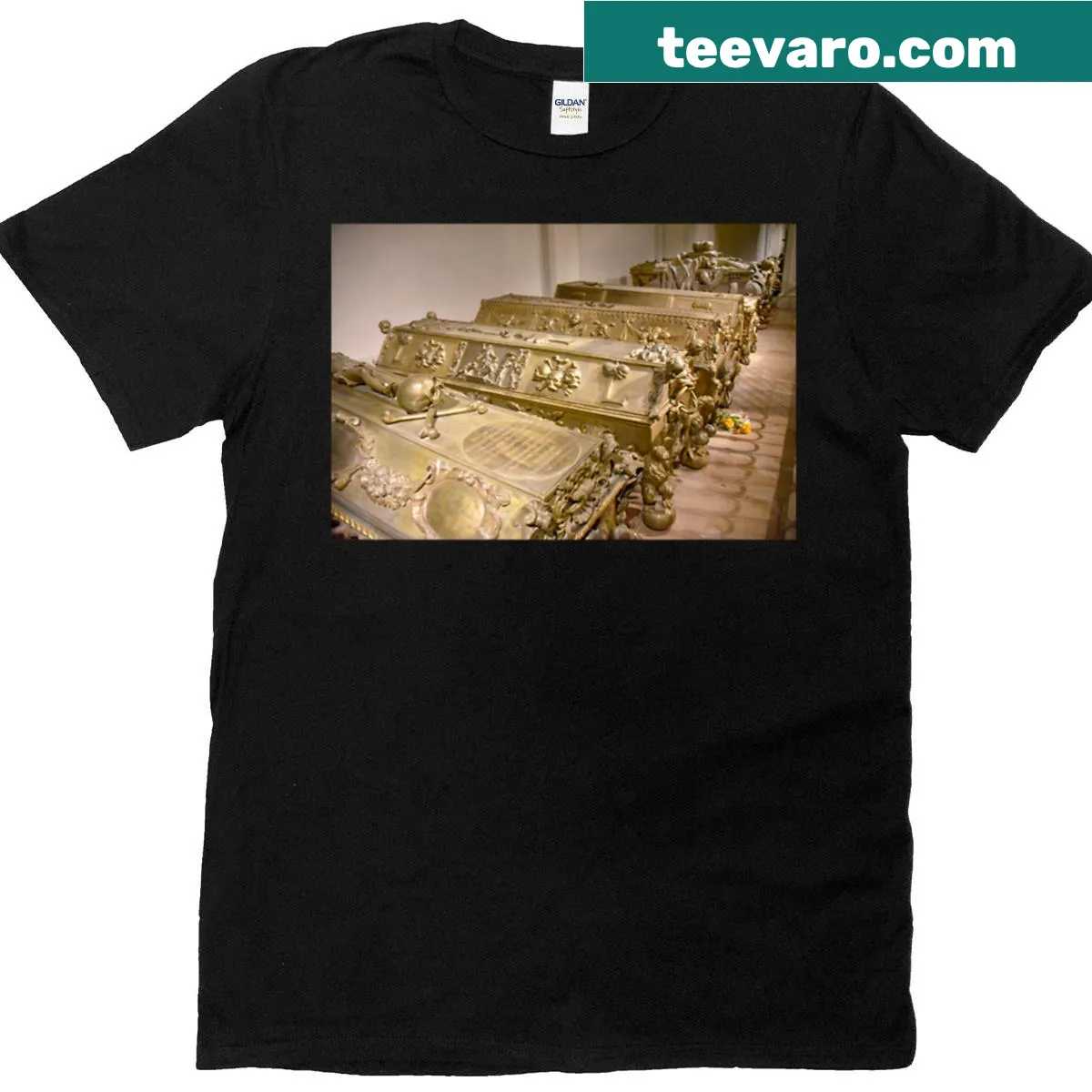 T-shirt featuring a graphic of the Imperial Hapsburg Crypt in Vienna — on a men's t-shirt