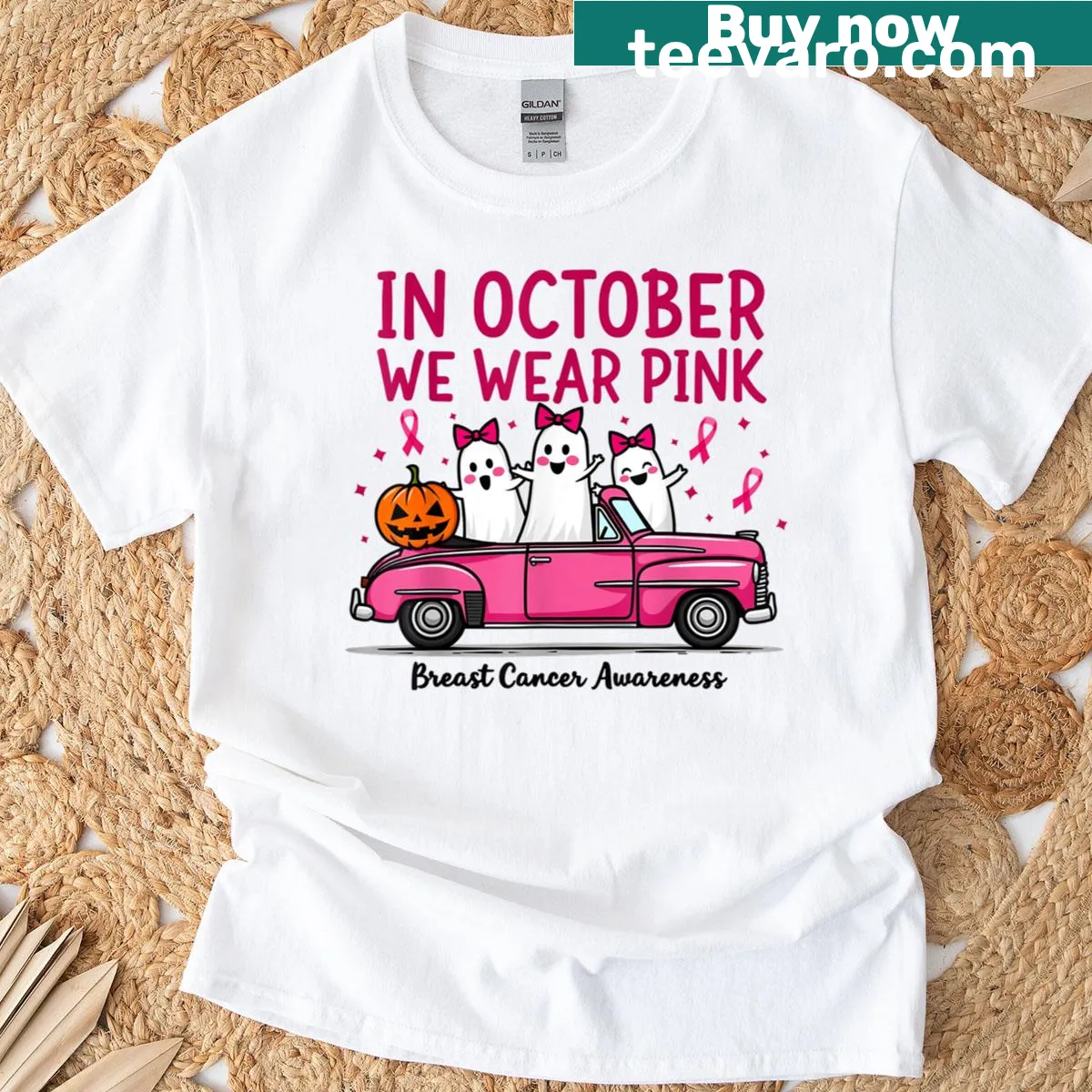 Ghosts illustration with the phrase about October and pink — on a men's t-shirt