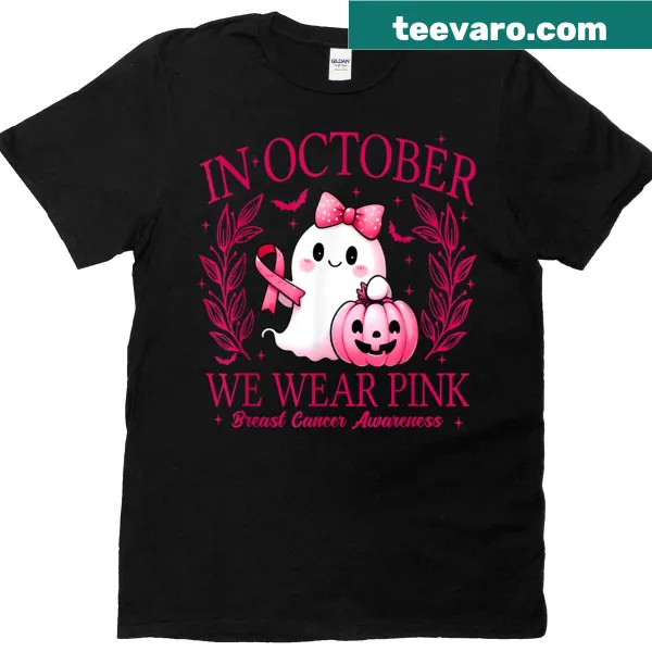 Halloween t-shirt promoting breast cancer awareness with the phrase in October we wear pink