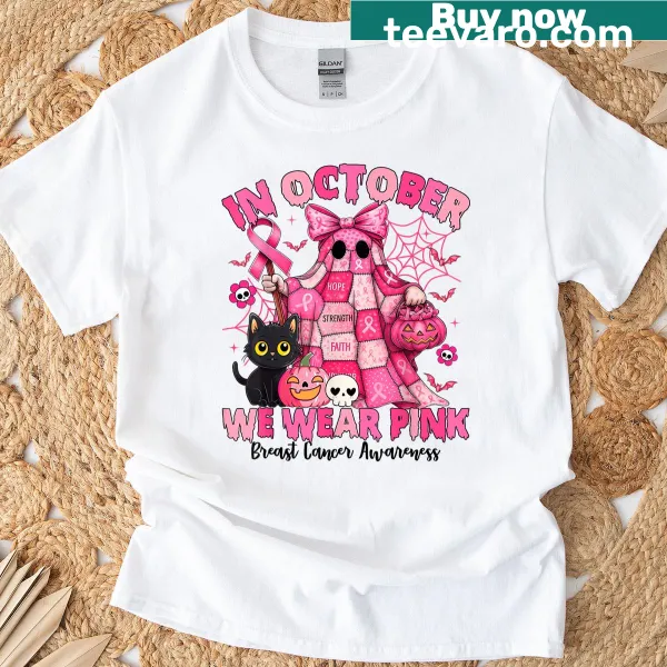 Ghost cat T-shirt with pink patchwork design for Breast Cancer Awareness